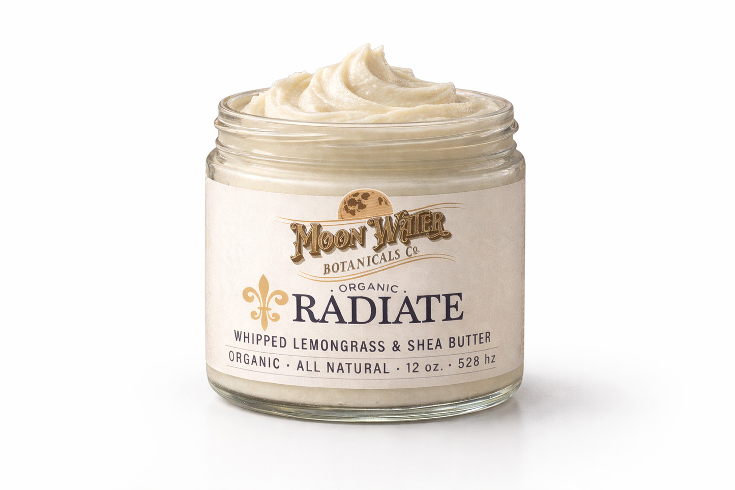 Organic Radiate lemongrass body butter in glass jar with whipped shea butter texture for hydrated glowing skin